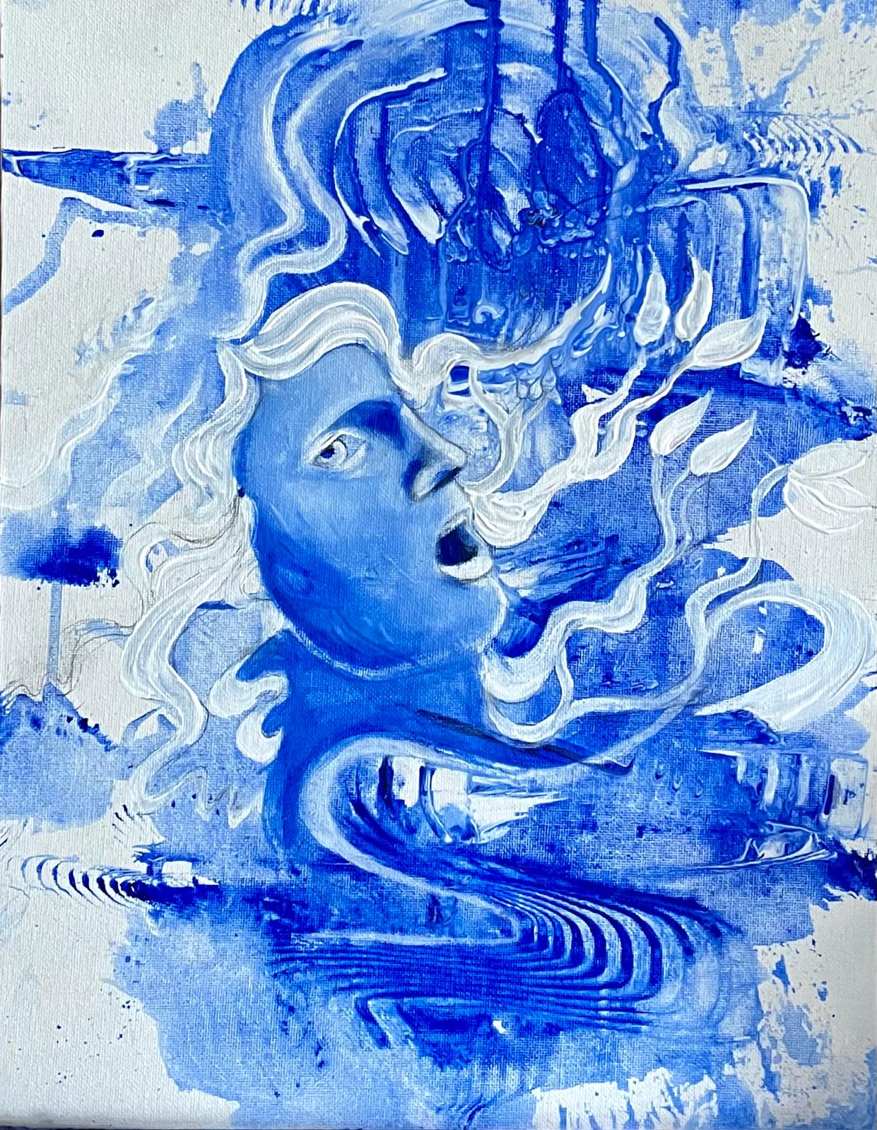 Face emerging from flowing blue and white paint