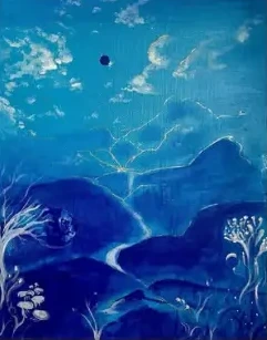 Layered blue landscape with white botanical details