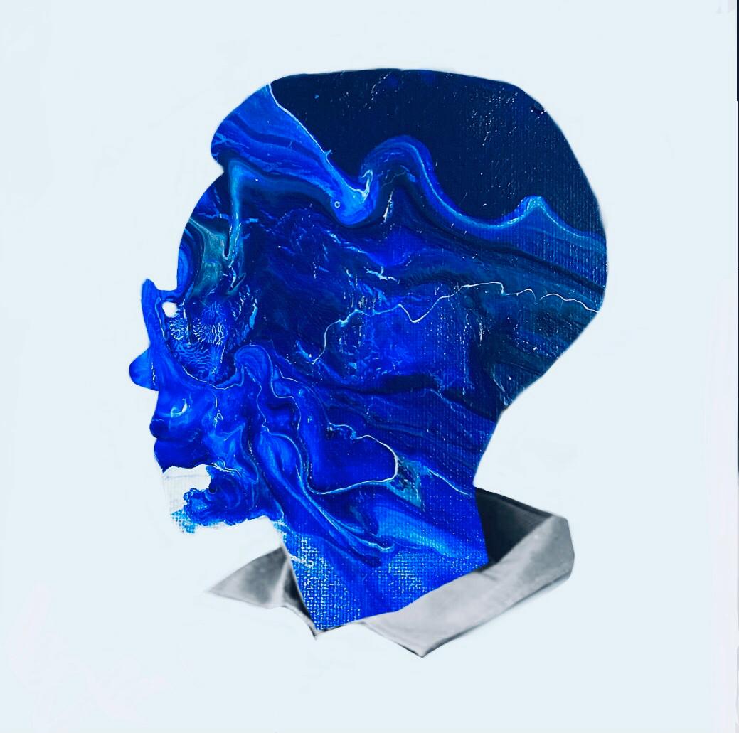 Head-and-shoulders silhouette filled with poured blue paint