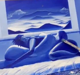 Reclining blue figure in a mountainous landscape
