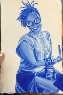 Blue portrait of a smiling woman with glasses