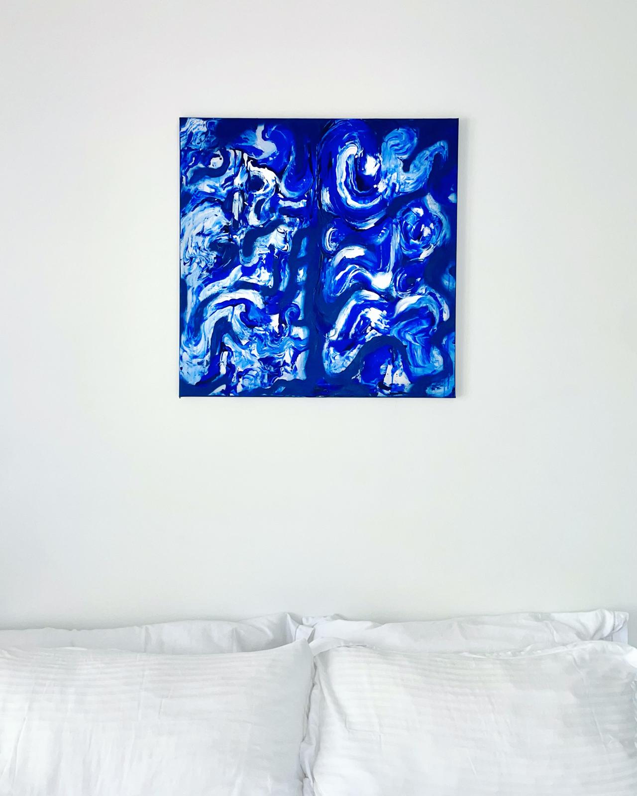 Small square painting of twin blue swirl panels