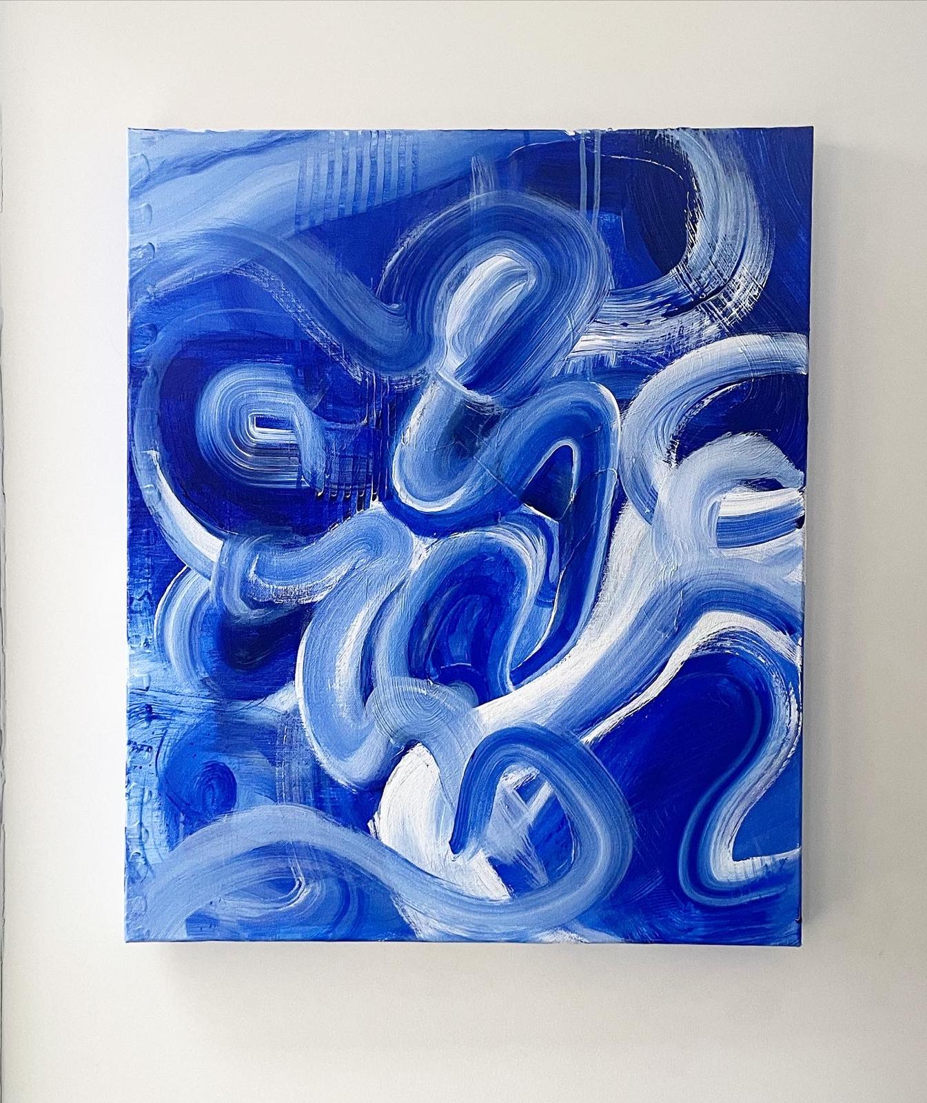 Blue and white looping brushstrokes on canvas