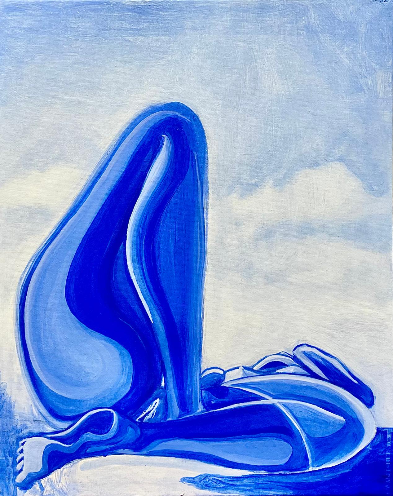Blue seated figure folded against a pale clouded sky