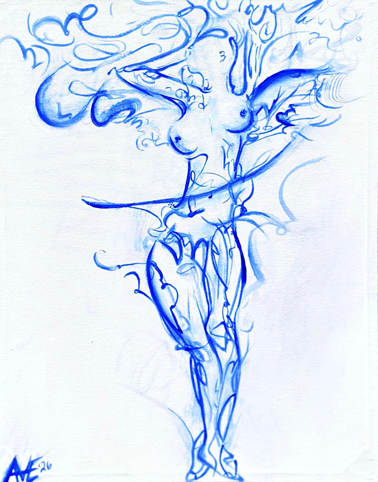Flowing blue line figure, signed AVE