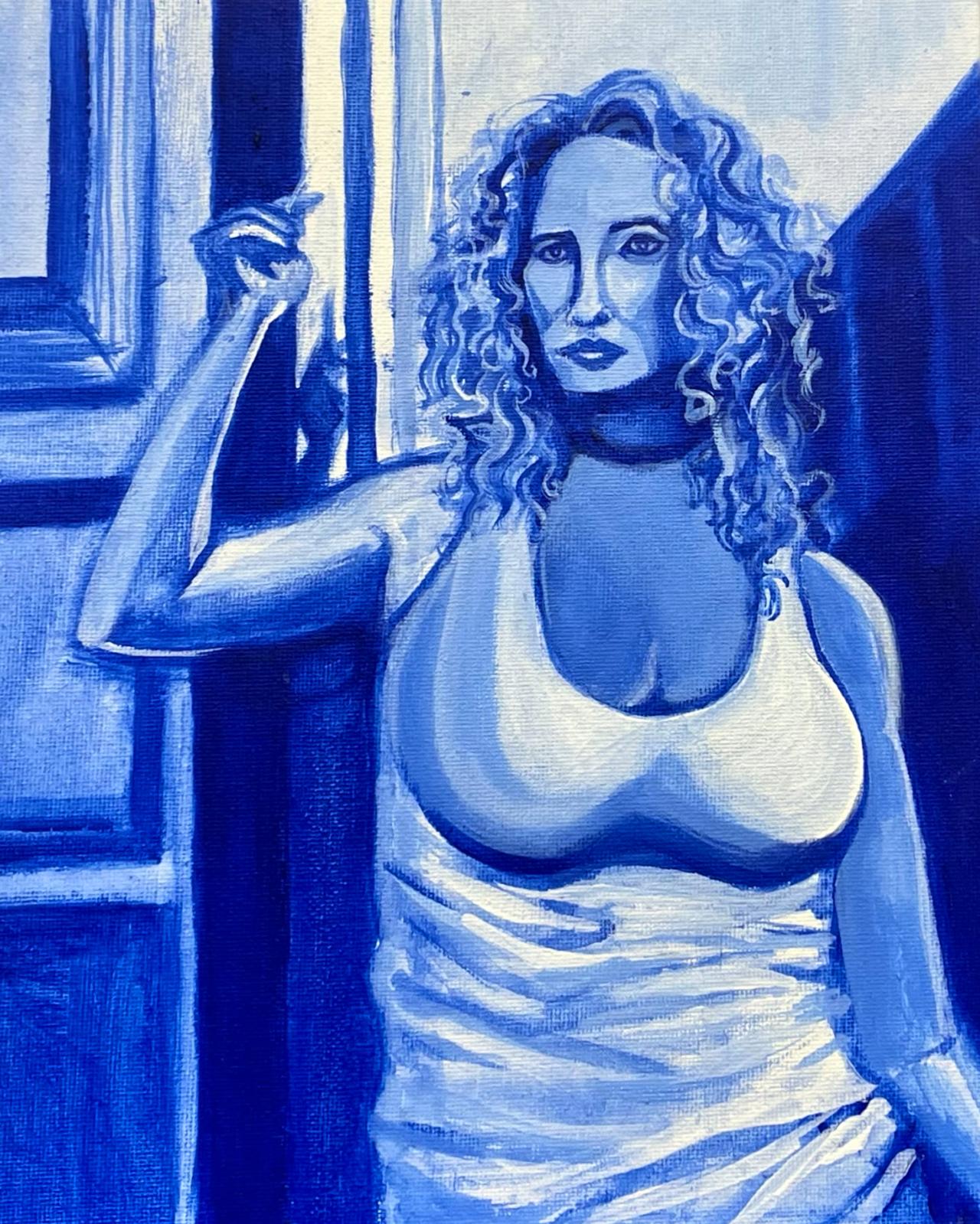 Blue portrait of a curly-haired woman leaning in a doorway