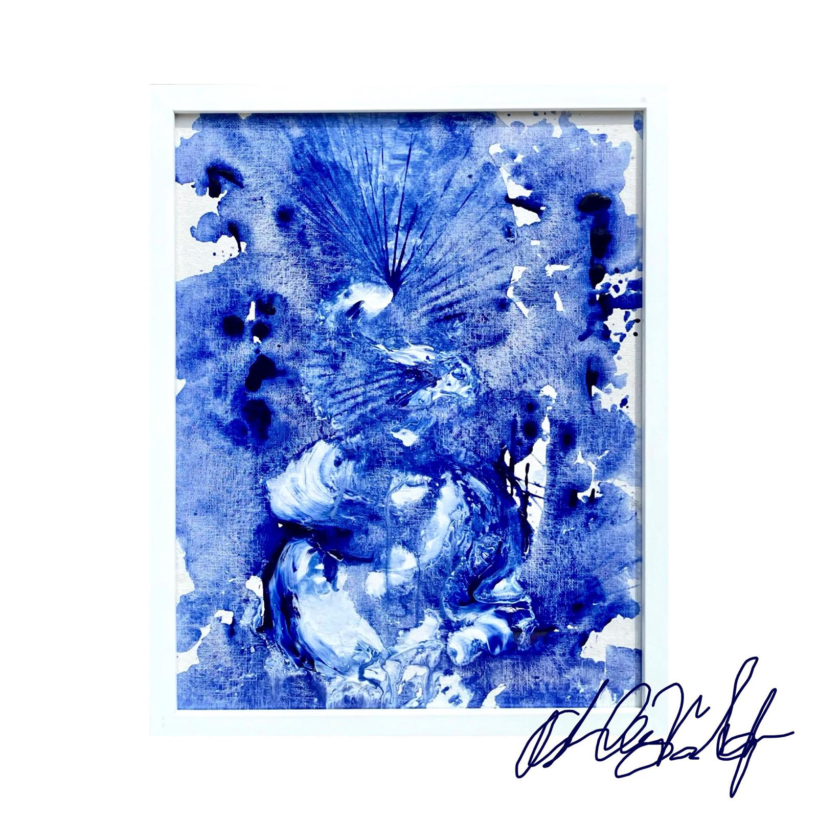 Framed blue ink bloom with radiating lines