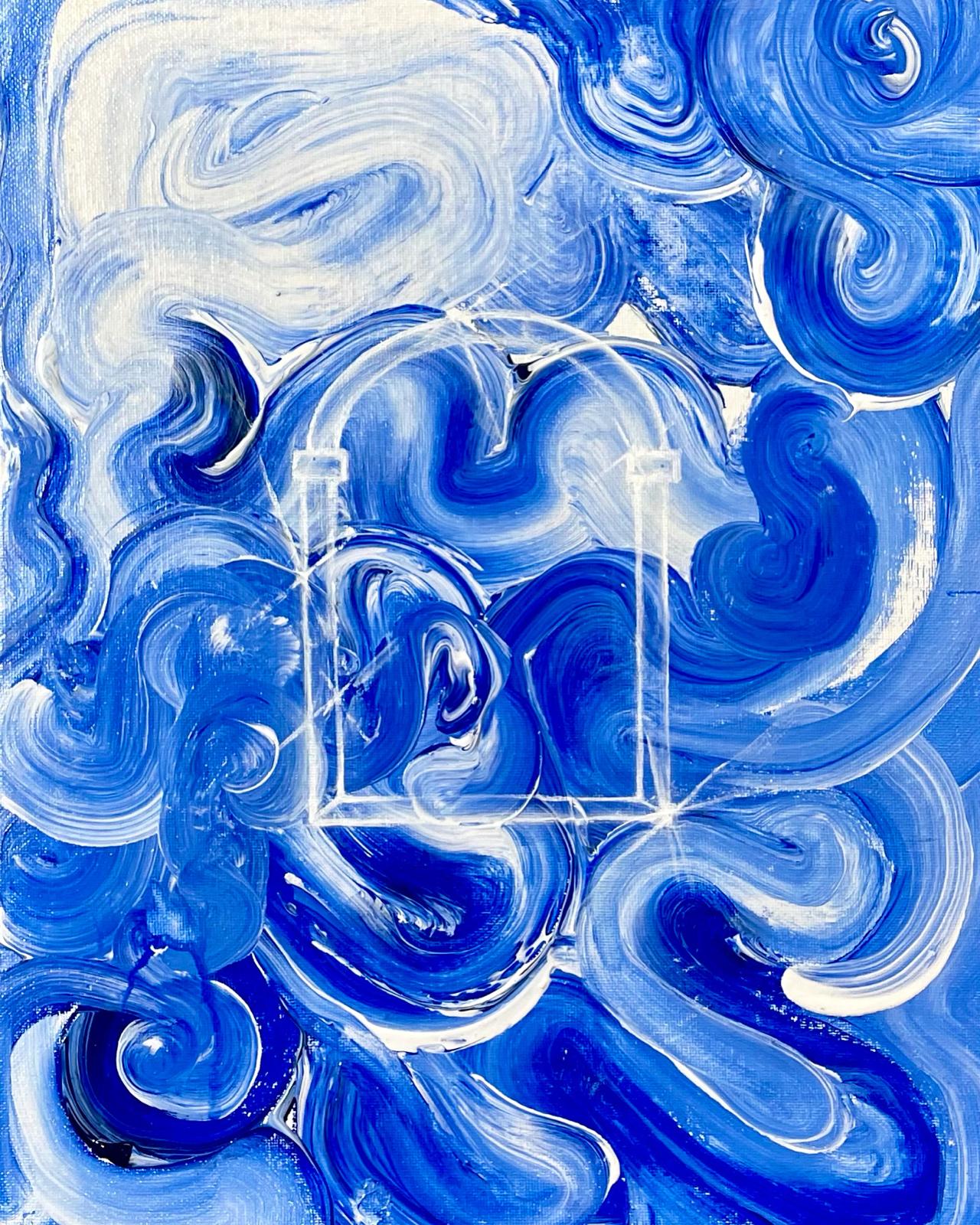 Arched doorway outlined in white within swirling blue paint