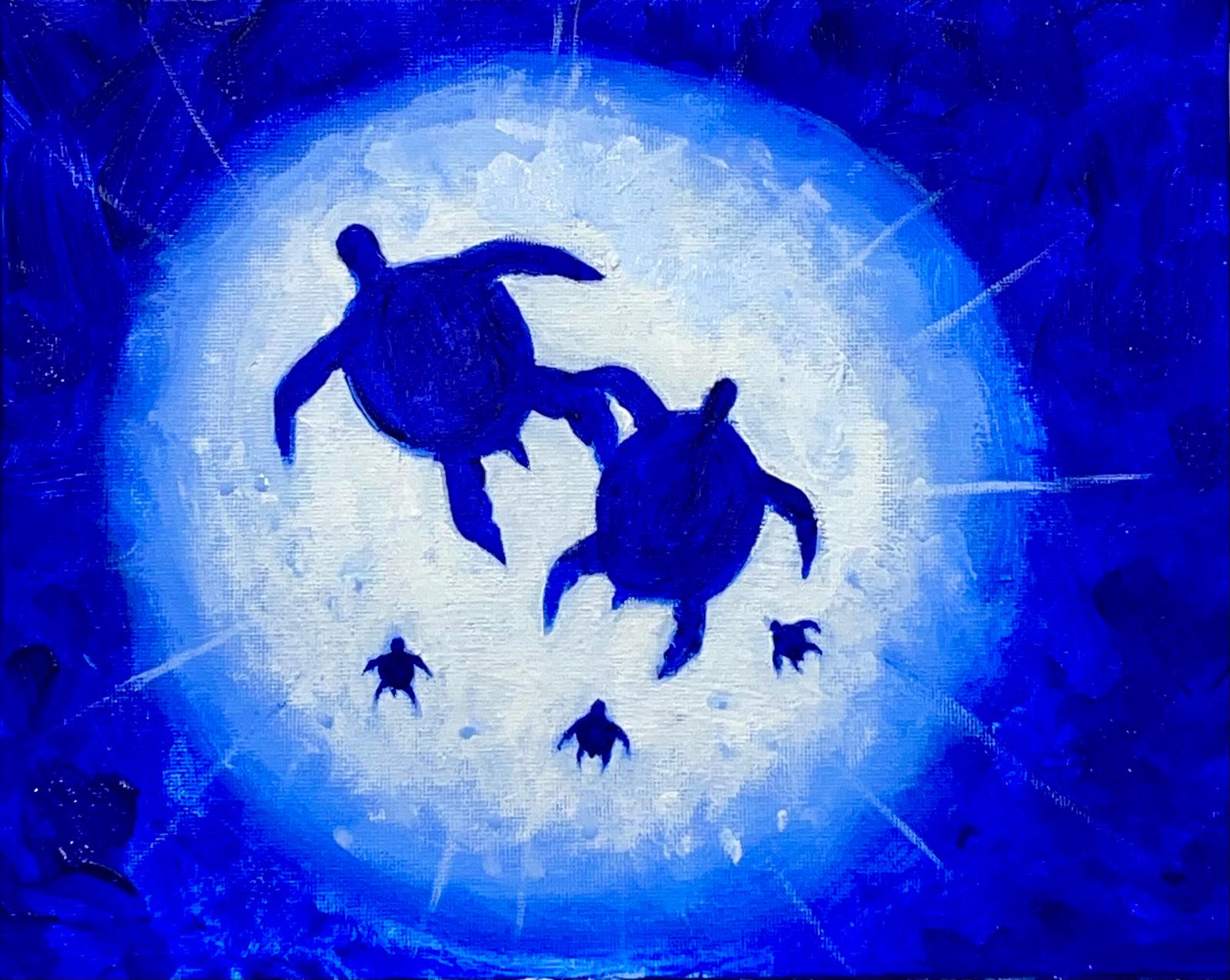 Sea turtles silhouetted against a glowing blue moon