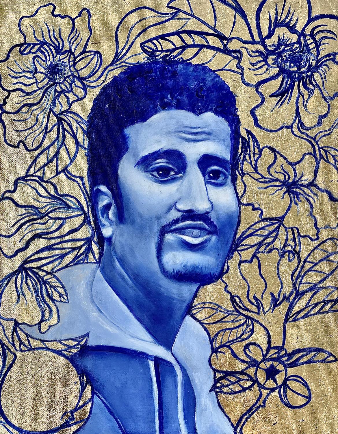 Blue portrait of a man surrounded by outlined flowers on a textured gold ground