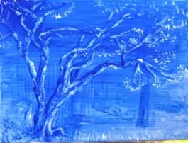 Cobalt tree painting held outdoors