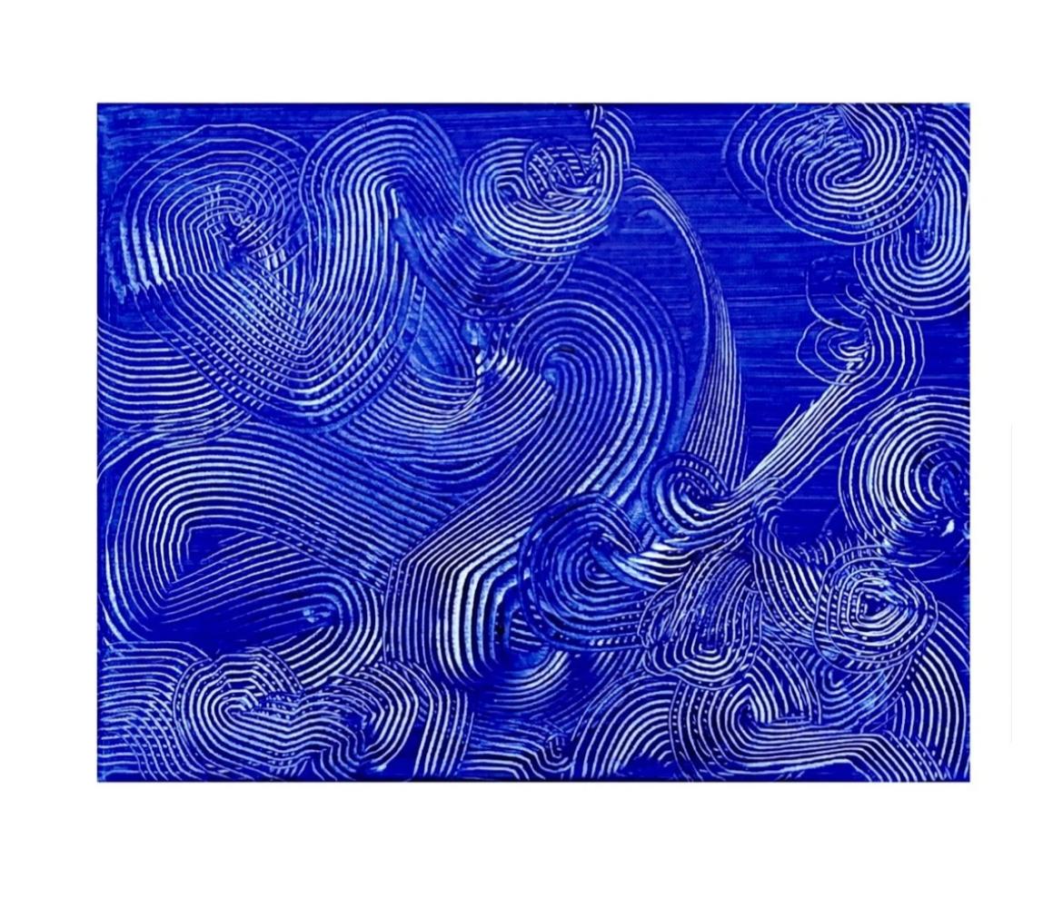 Blue canvas carved with swirling contour lines