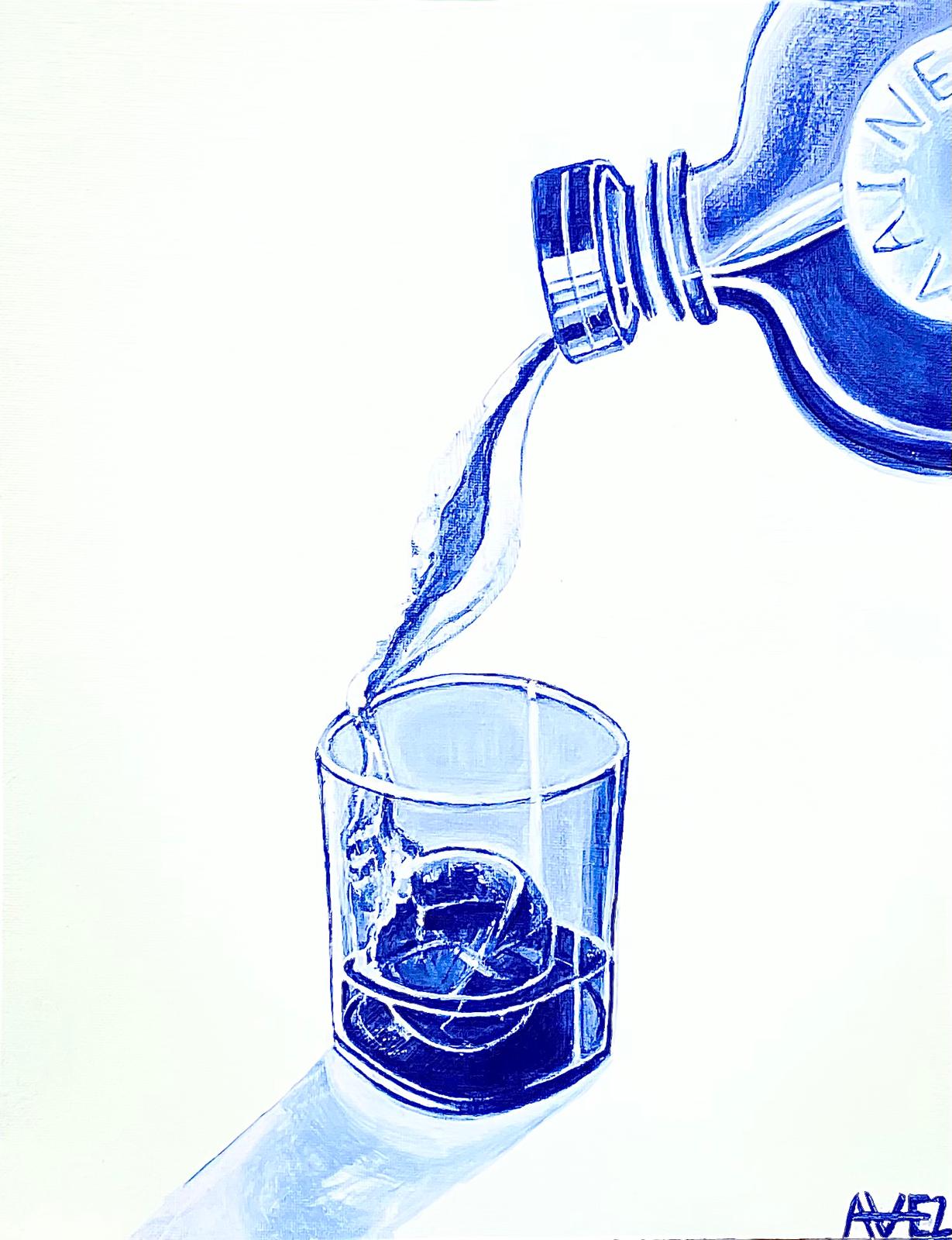 Blue bottle pouring over ice into a glass