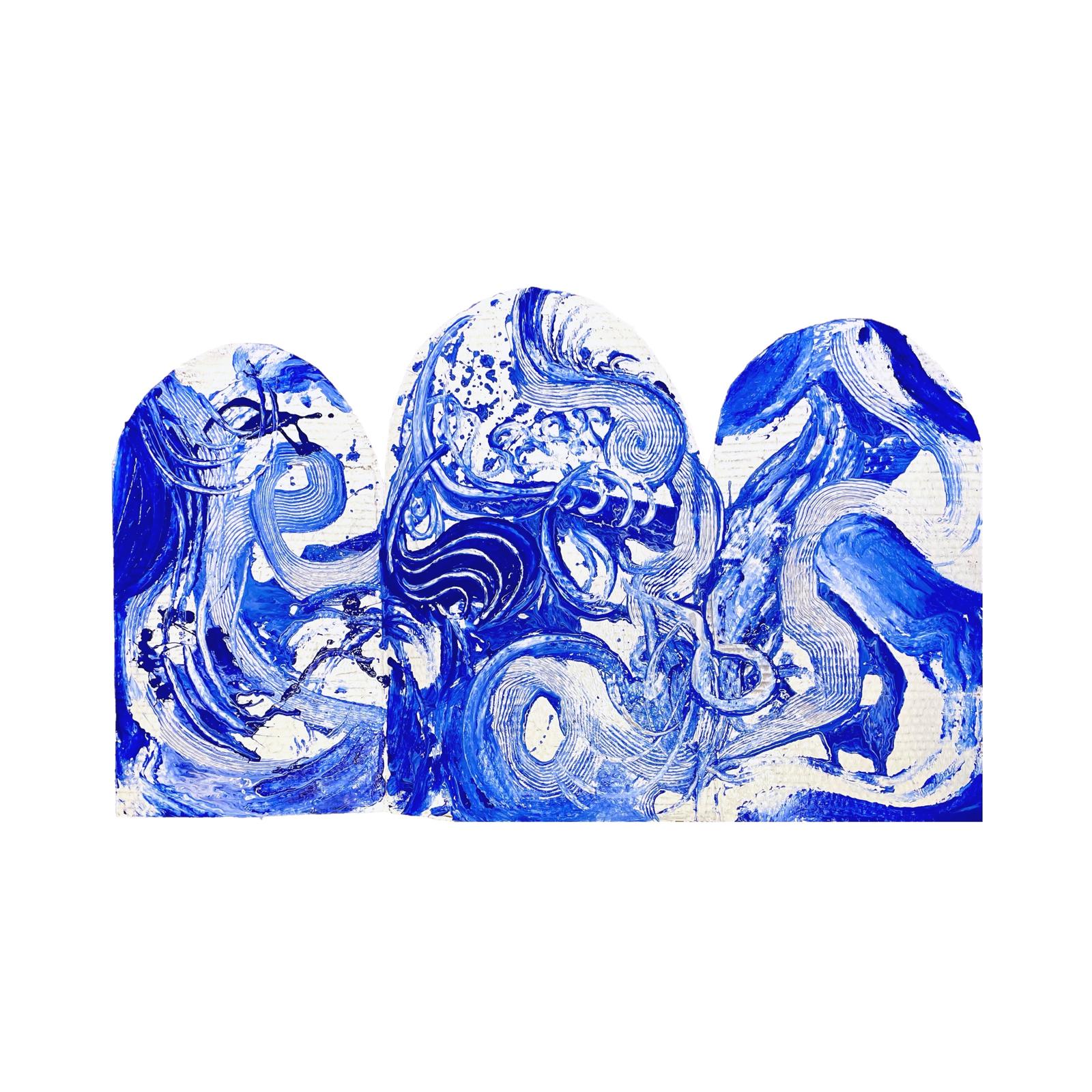 Three arched panels of marbled blue paint