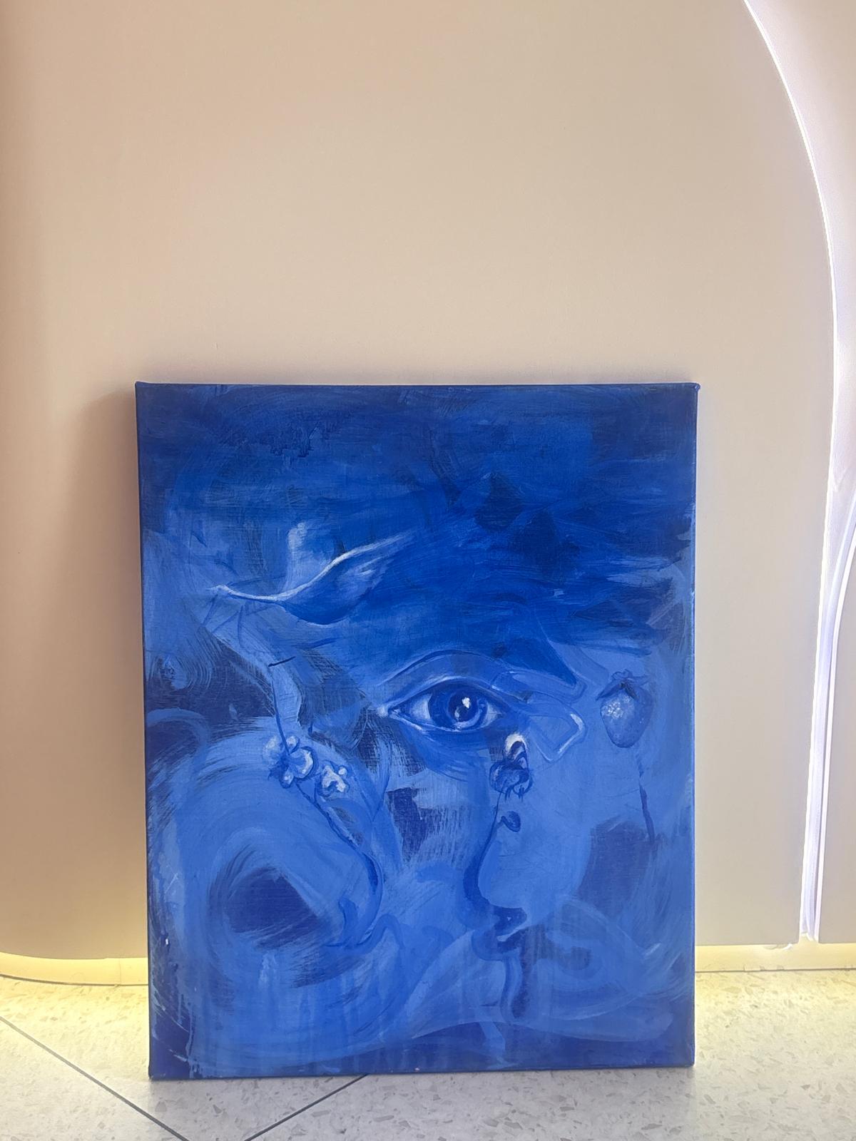 Dreamlike blue painting with a single eye and drifting figures