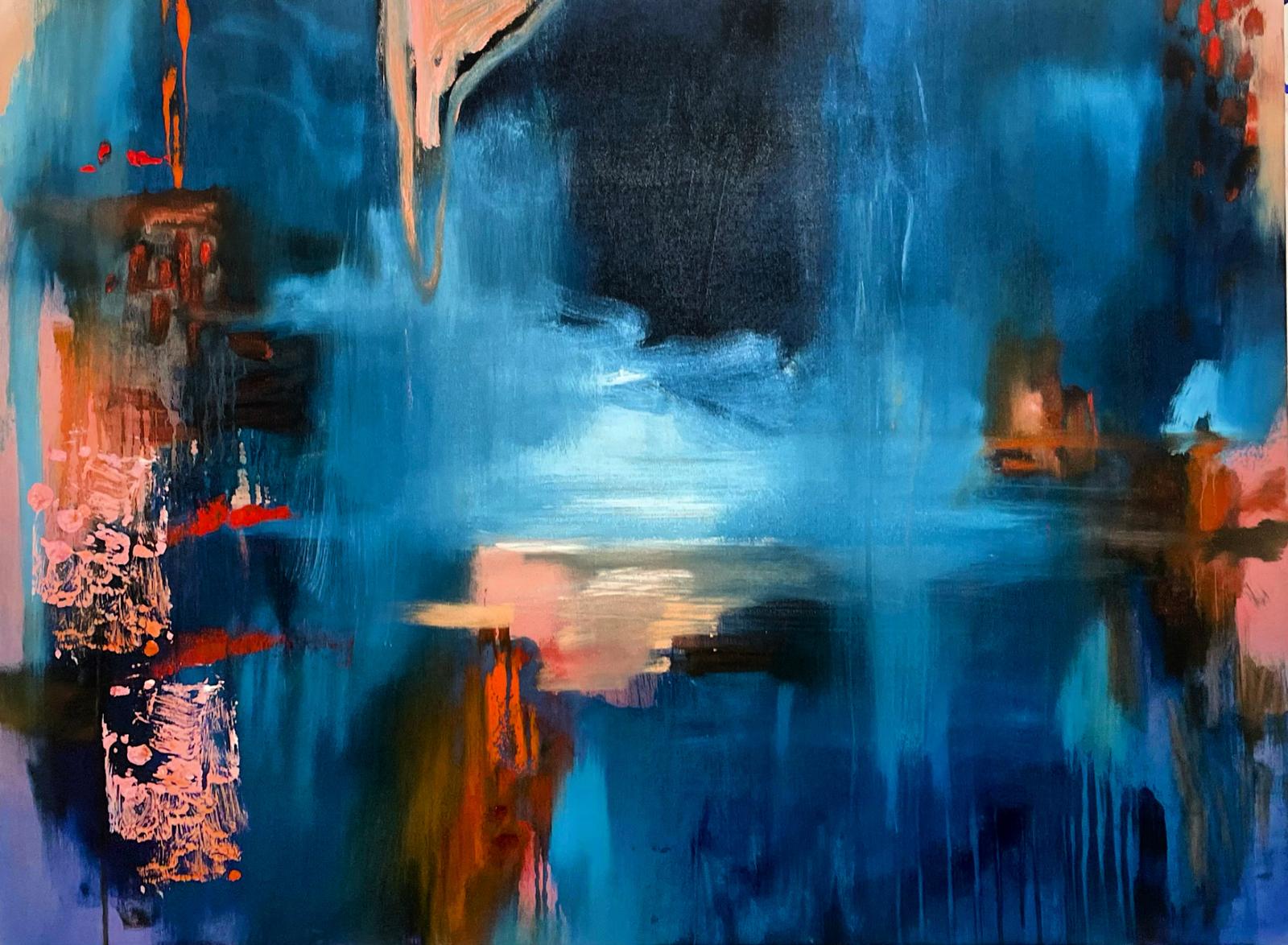 Teal and coral abstract with dripping vertical light
