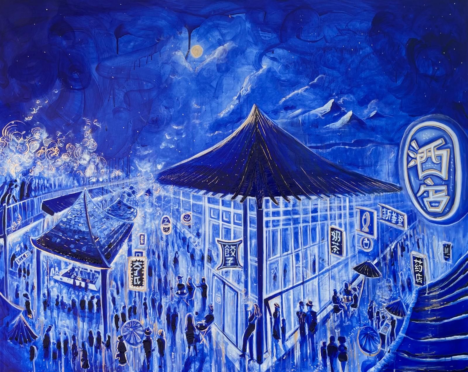 Cobalt night scene of a crowded market beneath a pagoda roof and full moon