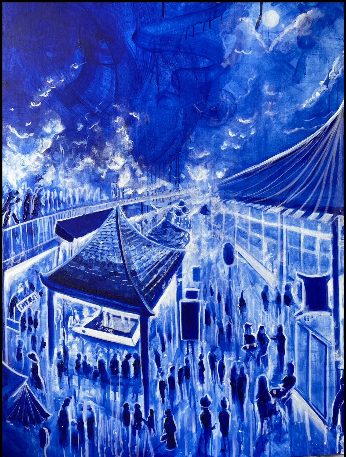 Busy blue night market with lanterns, rooftops, and a moonlit sky