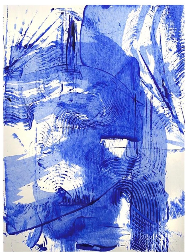 Scraped cobalt brushwork on white paper