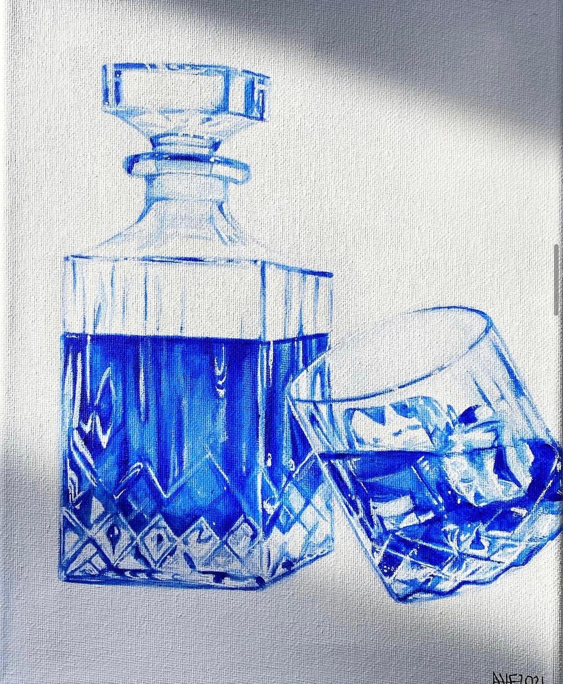 Blue crystal decanter and glass