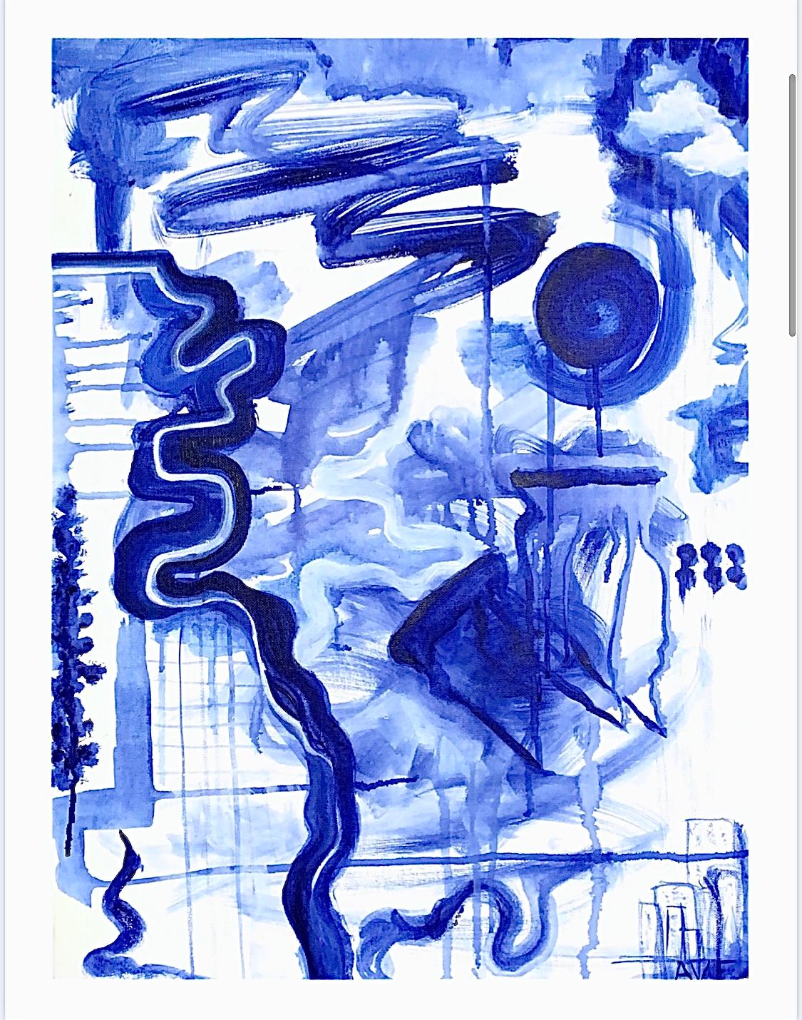 Abstract blue composition of rivers, circles, and city grids