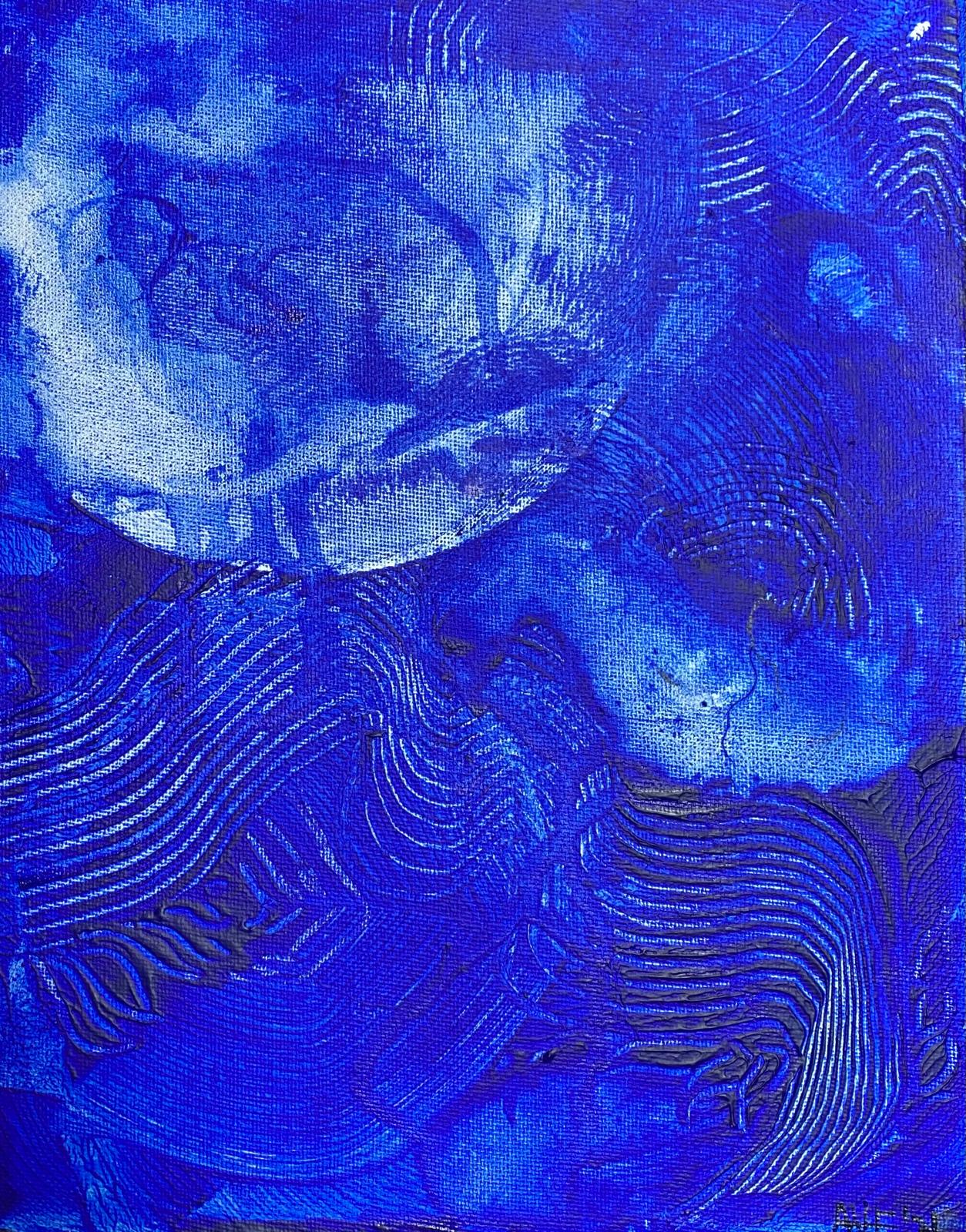 Heavily textured cobalt surface with a pale moon shape
