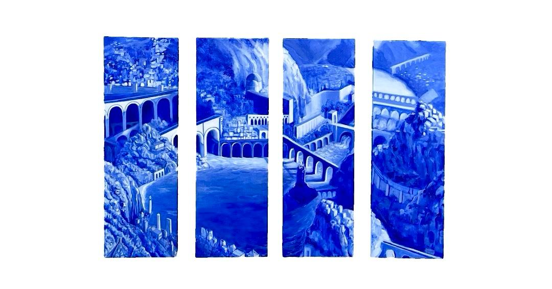 Four narrow panels of blue coastal architecture